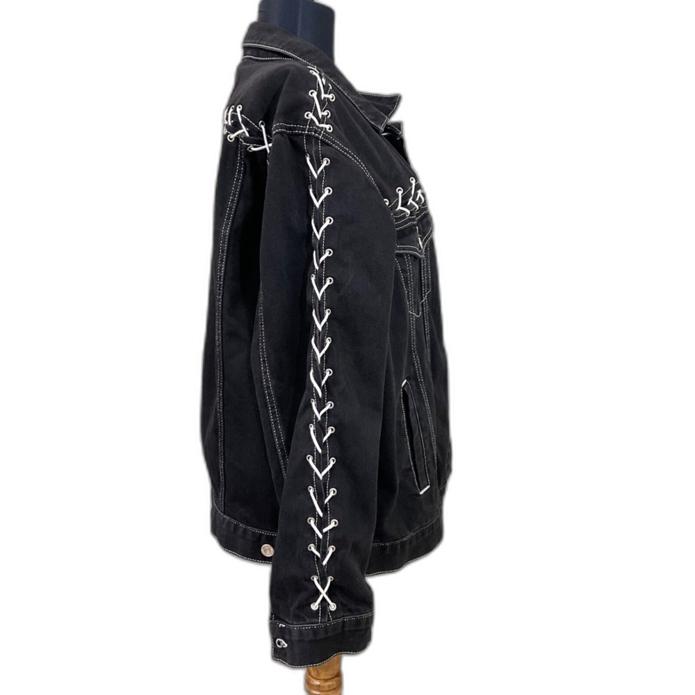 Topshop Moto Denim Jacket Lace Up Details Pockets wms. Size 12 Black Lace detail - Picture 3 of 15